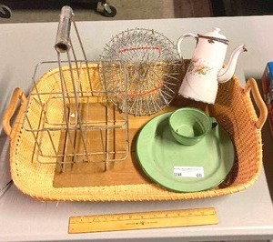 lot 60 image: Rustic Kitchen items - Milk Carrier&nbsp plate and cup&nbsp coffee stack