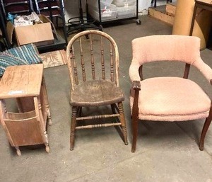 lot 62 image: Wood Magazine Stand, bow back chair and covered armchair ONE MONEY