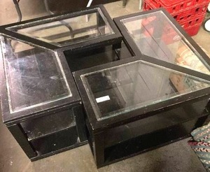 lot 87 image: Mid Century Mod woodbeveled glass table set on casters forms one square coffee table or two corner end tables.