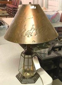 lot 106 image: Glass Case Lamp with punched Copper Shade with lil partridges...Come on Get Happy
