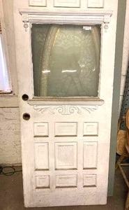 lot 118 image: Antique wood door with etched window, salvaged from 100 yr old house in Waxahachie.