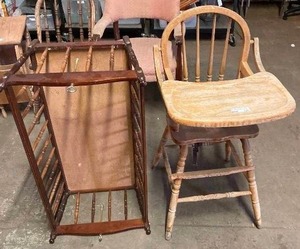 lot 120 image: Vintage Wood High Chair and cradle bed without stand