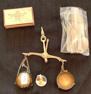 lot 125 image: Miniature scale &amp eating utensils  Vintage RX box and Vail Ski pin