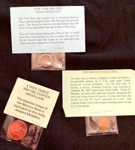 lot 132 image: Civil War Indian Head Cent1909 Lincoln Head Cent14 Troy Ounce Copper Medallion