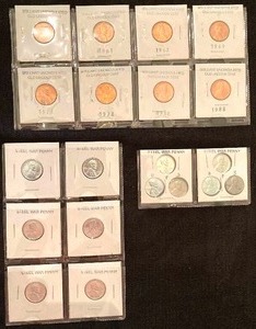 lot 135 image: 8 Brilliant Uncirculate Lincoln Cents12 Steel War Pennies