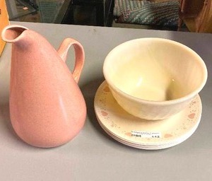 lot 142 image: Russel Wright Pitcher, Fire King Bowl, &amp Corelle Plates