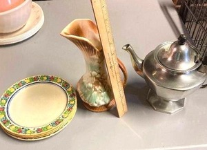 lot 146 image: English Plates, early McCoy pitcher, MCM aluminum coffee pot