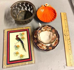 lot 153 image: British colonial items - Orange shell dish, Royal Albert cup and saucer, Small Framed Bird Art