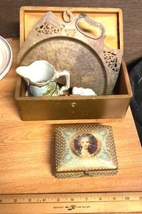 lot 154 image: Aristocratic households - ceramic box, small pitcher, metal dust (crumb) pan, and wooden letter box