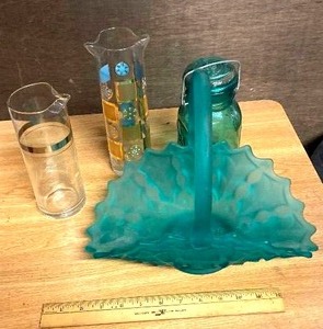 lot 159 image: Shades of aqua&nbsp - Mid Century cocktail pitchers, Jar with lid, and frosted glass decorator candy basket