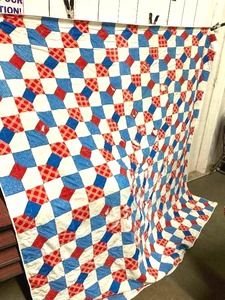 lot 170 image: Heirloom Patchwork QUILTS (3)  one baby blanket. colorful in spite of age 90 x 8371 x 6439 x 32102 x 92