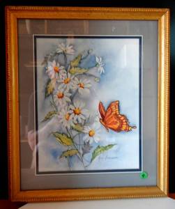 lot 9 image: Vintage Butterfly and Daisy Print, 1970s Ava Freeman, Framed and Matted Vintage Print