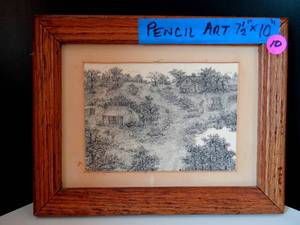 lot 10 image: ORIGINAL POENCIL DRAWING OF CABIN AMONGST TREES IN WOOD FRAME - MEASURES 7.5 X 10