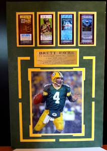 lot 93 image: BRETT FAVRE - GREEN BAY PACKERS HOFer - UNIQUE PHOTO DISPLAY WITH METAL BIO PLATE READY FOR FRAMING