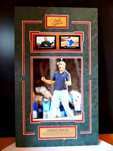 lot 95 image: PGA CHAMPION - JORDAN SPIETH CUSTOM WALL DISPLAY W METAL BIO & FACSIMILE SIGNATURE - READY TO FRAME MEASURES 13 X 22