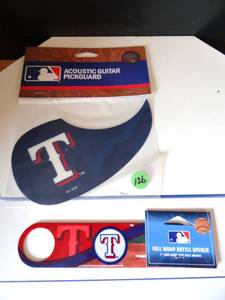 lot 126 image: TEXAS RANGERS OFFICIAL LICENSED GUITAR PICK GUARD & BOTTLE OPENER