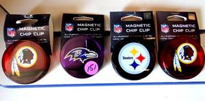 lot 151 image: NFL LICENSED MAGNETIC CHIP CLIPS - REDSKINS X2, RAVENS, & STEELERS