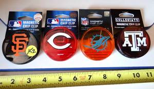lot 152 image: ASSORTED LICENSED MAGNETIC CHIP CLIPS - MLB GIANTS, REDS, NFL DOLPHINS, NCAA TEXAS A&M