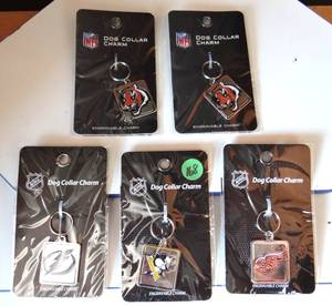 lot 168 image: ASSORTMENT OF NFL & NHL DOG COLLAR CHARMS - BENGALS X 2, LIGHTNING, PENGUINS, & RED WINGS