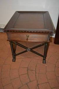 lot 16 image: Rectangular End Table Sunken Top, Button Trim, Brass Pull on Drawer and Metal Base, 28 x 23 x 23 tall   DFW SHIPPING COST $20 PICKUP SUNDAY 829 1P-5P