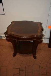 lot 15 image: Glass Top Side Table with Bottom Shelf, Beautiful Wood Carving Trim, 28 x 26 x 27.5 tall   DFW SHIPPING COST $25 PICKUP SUNDAY 829 1P-5P