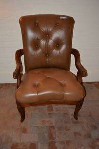 lot 21 image: Sapeli Button-tufted Arm Chair, Lion carved into Wood   DFW SHIPPING COST $20 PICKUP SUNDAY 829 1P-5P