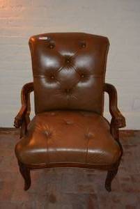 lot 22 image: Sapeli Button-tufted Arm Chair, Lion carved into Wood   DFW SHIPPING COST $20 PICKUP SUNDAY 829 1P-5P