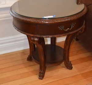 lot 43 image: A.R.T. Home Furnishings Glass Top 28.5 Round Side Table, 28 tall   DFW SHIPPING COST $20 PICKUP SUNDAY 829 1P-5P