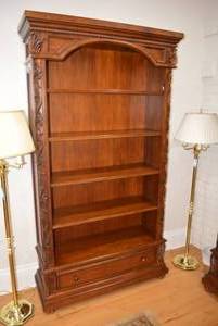 lot 46 image: Hooker Furniture Lighted Bookcase with Drawer, 46 x 16 x 7 tall   DFW SHIPPING COST $25 PICKUP SUNDAY 829 1P-5P
