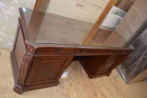 lot 55 image: Double Pedestal Executive Desk with Built-in Power Box and cut glass top (Matches Lot 56), 6 x 24.5 x 31 tall   DFW SHIPPING COST $40 PICKUP SUNDAY 829 1P-5P