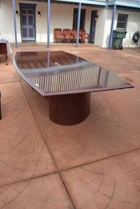 lot 68 image: Conference Table, Boat Shaped, see pictures (Some Veneer needs Reattached), 9x 5 x 30.5 tall LOCAL PICKUP ONLY