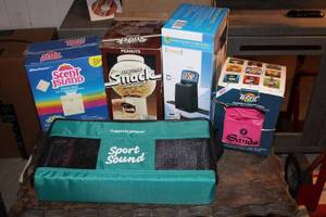 lot 189 image: Memorex Sport Sound Speakers, Electric Home Air Freshener, Executive Snack Dispenser and Vupoint Film and Slide Converter