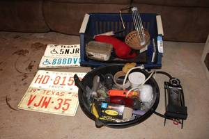 lot 21 image: Texas License Plates, Foot Pump, and Misc.