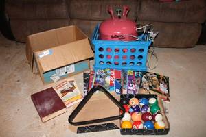 lot 26 image: Pool Table Ball Set, Balloon Tank, Hyperlite Kids Life Vest, Books and Magazines
