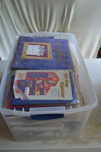 lot 103 image: Gift Wrap Organizer, Freedom Bag Travel Case, Sewing Patterns, Latch Rug Kit (BIN NOT INCLUDED BRING BOXES)