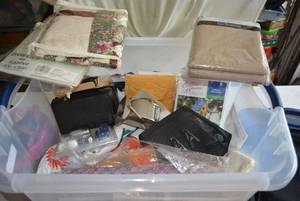 lot 118 image: Tablecloths, Craft Kits, Metal Pencil Sharpener (BIN NOT INCLUDED BRING BOXES)