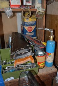 lot 137 image: Tool Box Tools, Hand Saws, Propane Torch, Beware of Dog Sign and Headlamps