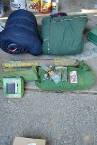 lot 481 image: Camping and Fishing Lot Sleeping Bags, Hammock, Fishing Lures, Coleman Flask