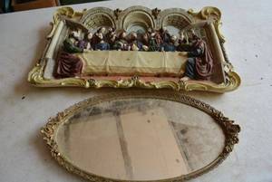 lot 41 image: Vintage Oval Perfume Mirror Tray and Lords Supper Wall Plaque