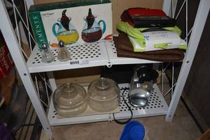 lot 94 image: Chili Pepper OilVinegar Set, SP Set, Oven Mitts, Glass Cake Toppers and Faber ware Can Opener