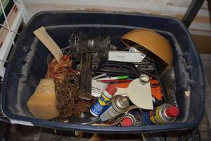 lot 97 image: Misc. Tools Chain, WD40, Wood Splitter and More (BIN NOT INCLUDED BRING BOXES)