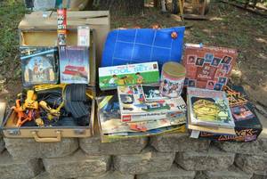 lot 489 image: Game Lot Backgammon Case, Vintage Handy Andy Tool Set, Legos, Car Track and More