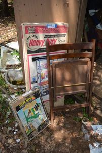 lot 242 image: Steel Storage Rack 36 x 16 x 72, Garden Tote Stool, and Folding Wooden Chair