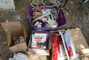 lot 260 image: Christmas Lot Glass Ornaments, Yard Santa Light, Cards (BIN NOT INCLUDED BRING BOXES)