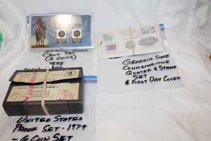 lot 375 image: Indian Head Cent Set, Georgia State Commemorative Quarter and Stamp Set - First Day Cover, and 1974 US Proof Set