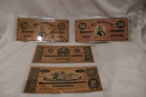 lot 377 image: Confederate Money (2 Fifty Dollars, 1 Twenty and 1 One Dollar)