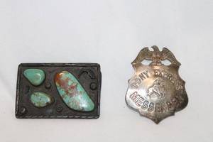 lot 387 image: Turquoise and Silver Belt Buckle unmarked and Pony Express Messenger Pin looks to be authentic