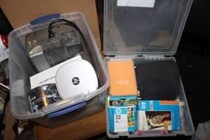 lot 213 image: Office Items Including Surge Protector, HP Pavillion Mini Desktop, Netgear Wireless Adapter and More