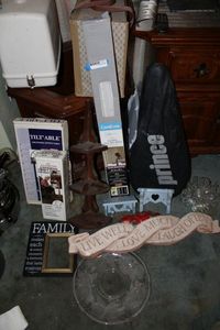 lot 221 image: Home Dcor, Cordless Mini Blinds, Craft Stands, and Unused Prince Tennis Racket (Needs Strung)