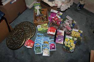 lot 216 image: Garden Lot Seed Packs, Flower Bulbs and Plant Pot Stands